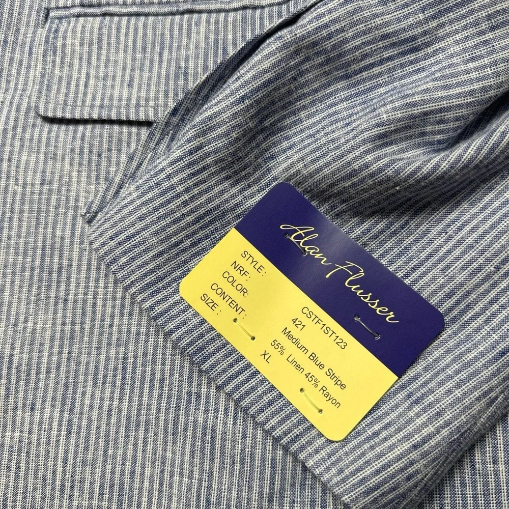 NEW Alan‎ Flusser XL Blue White Striped Linen Blend Blazer Jacket Preppy Paisley